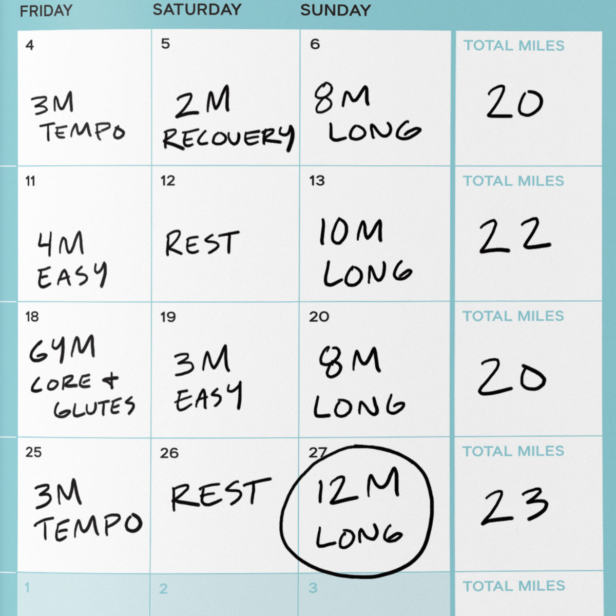 Running schedule written in the monthly calendar